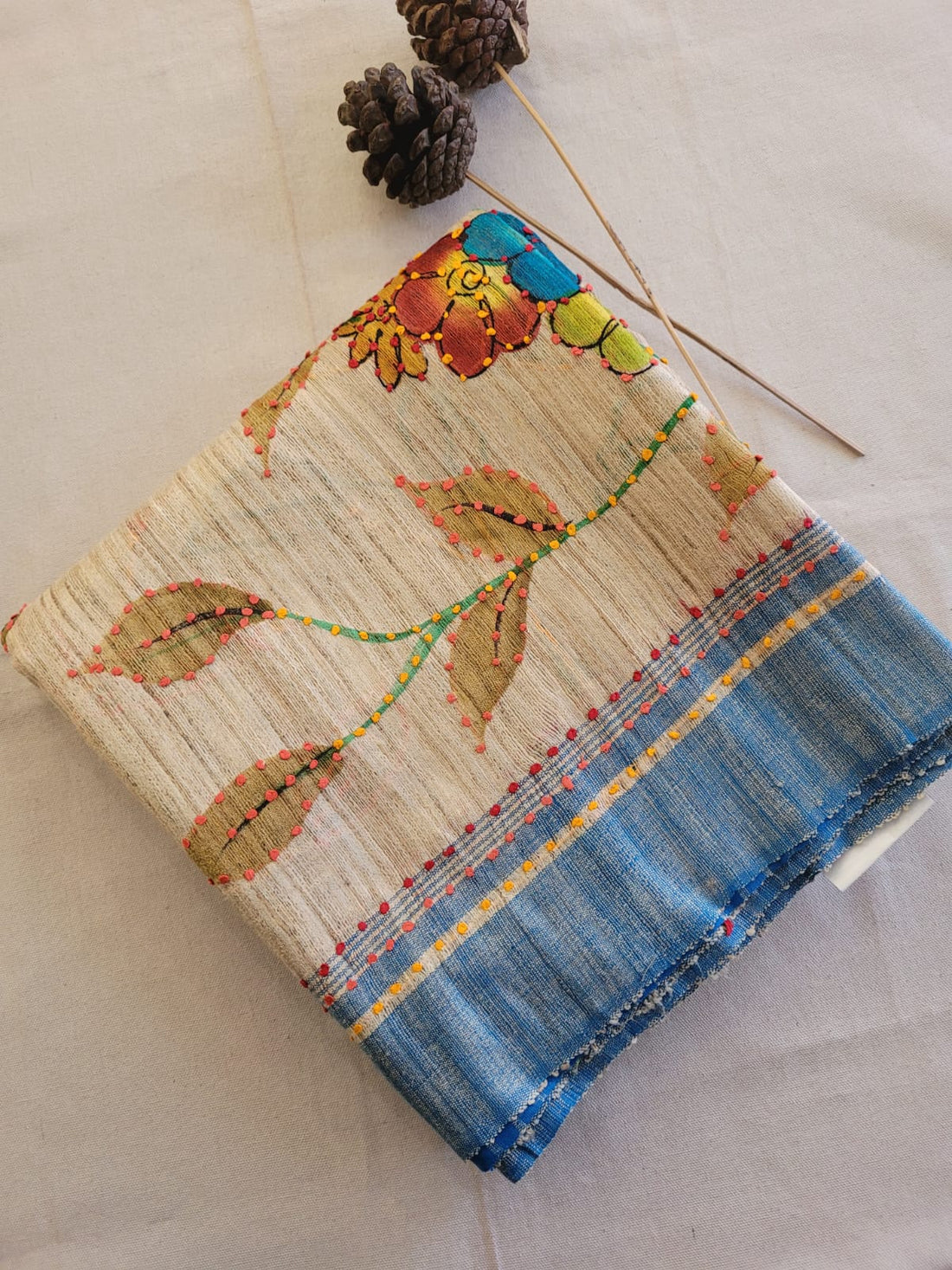 Biege2 Pure Tussar Saree with Hand Embroidery