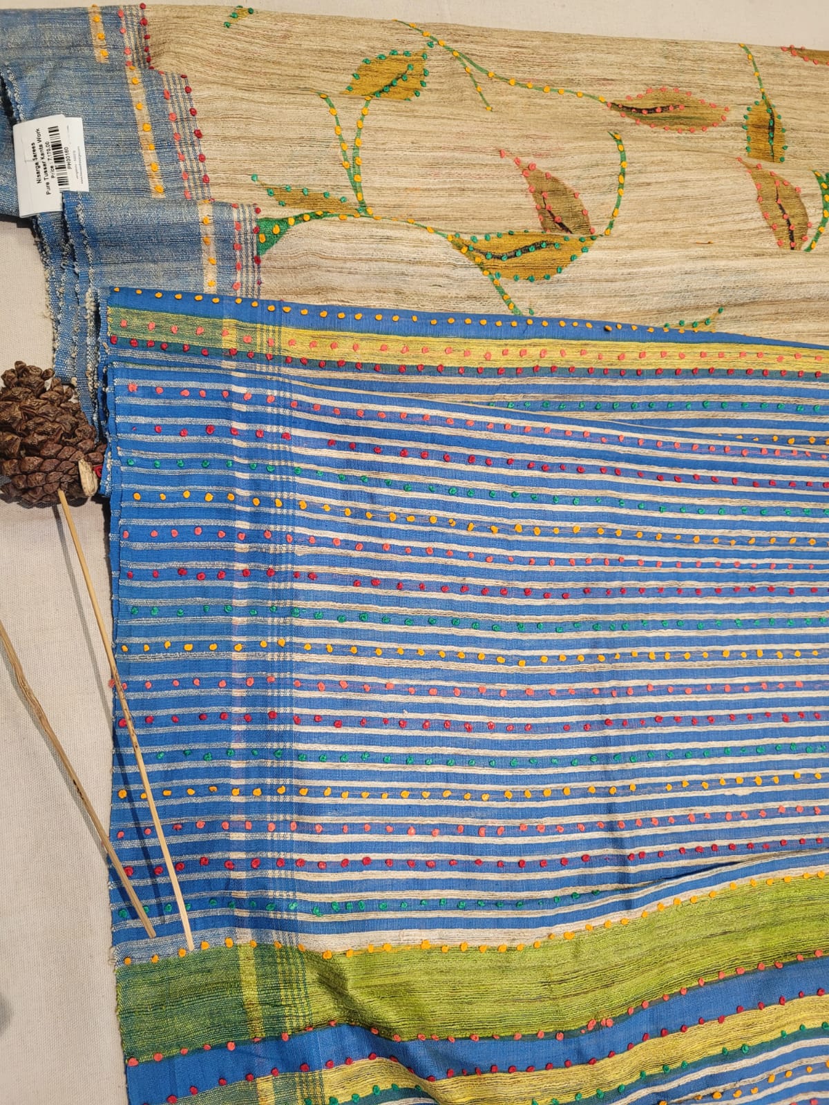 Biege2 Pure Tussar Saree with Hand Embroidery