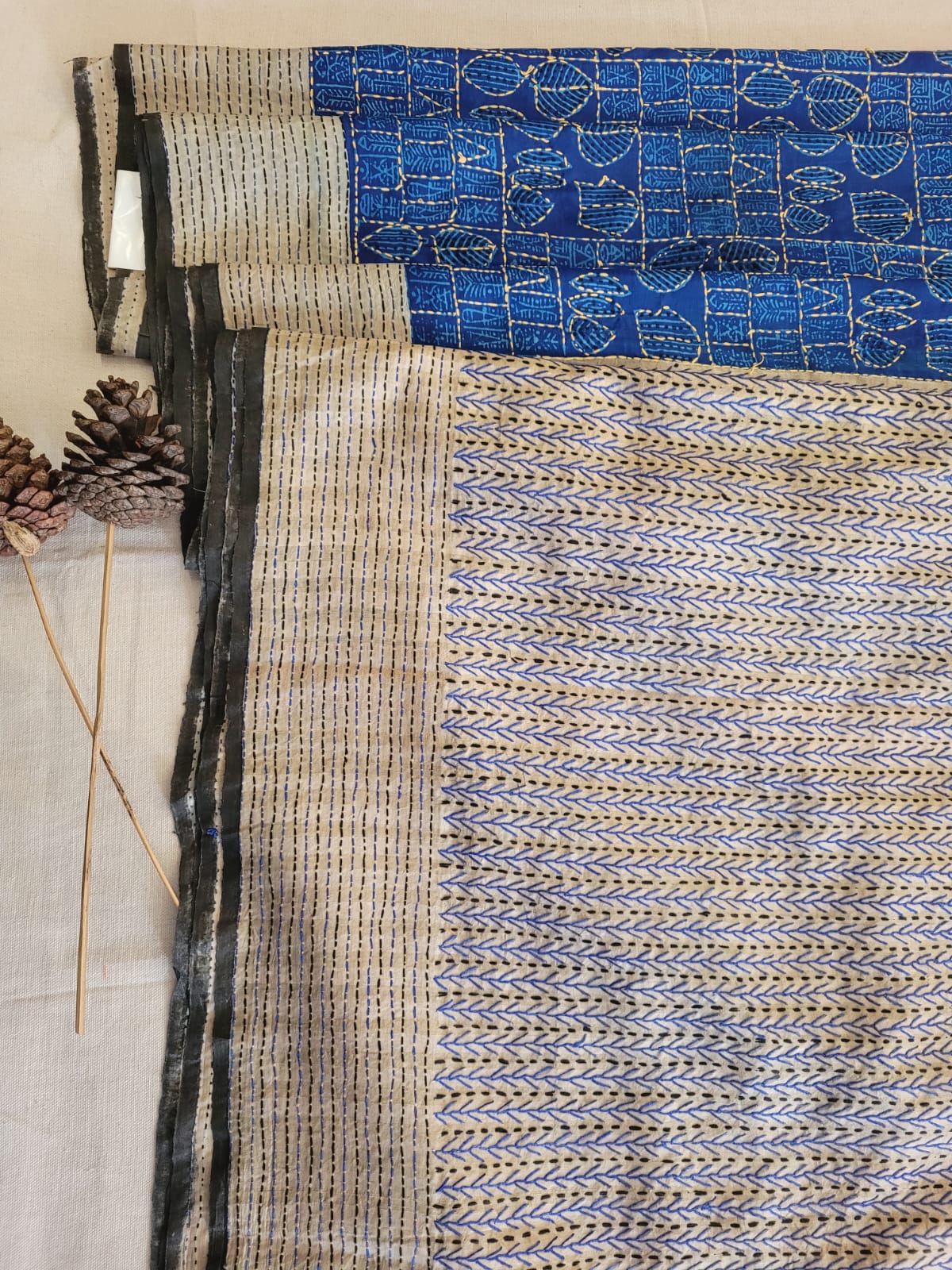 Navy Pure Tussar with Hand Embroidery Saree