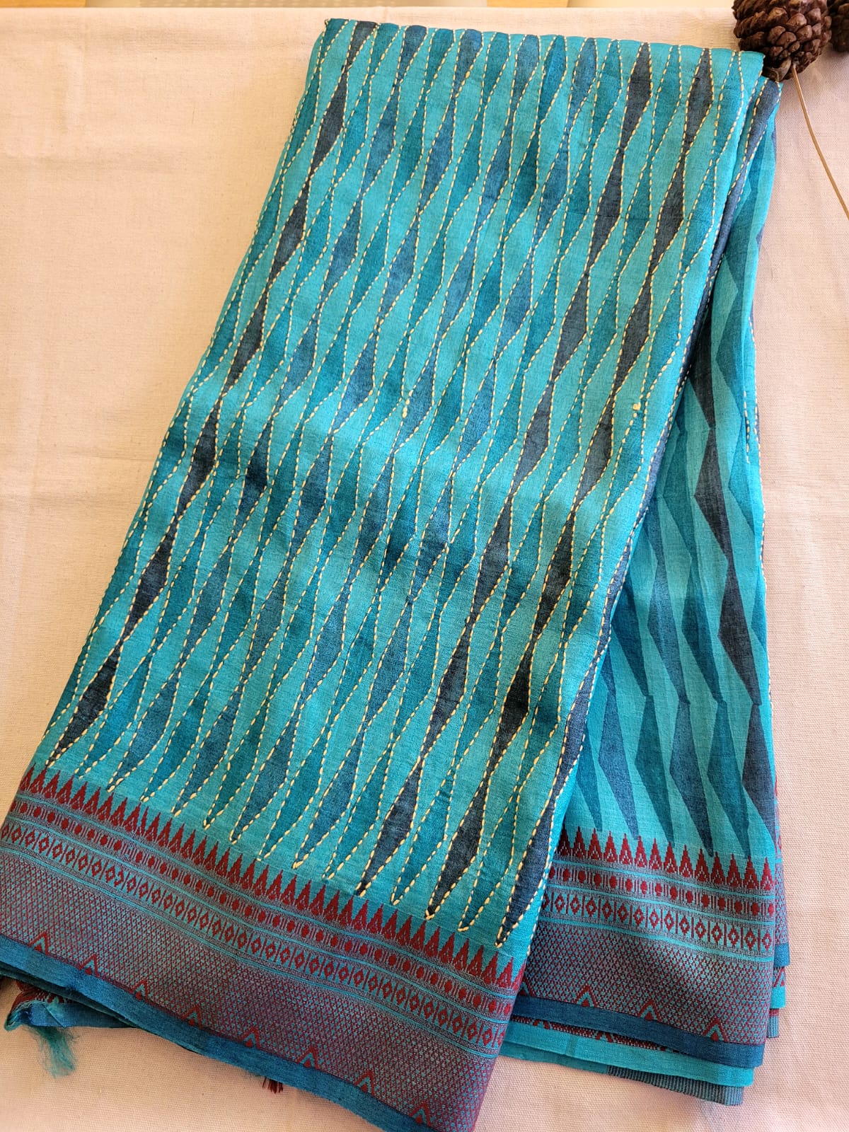 Blue Pure Tussar with Hand Embroidery Saree