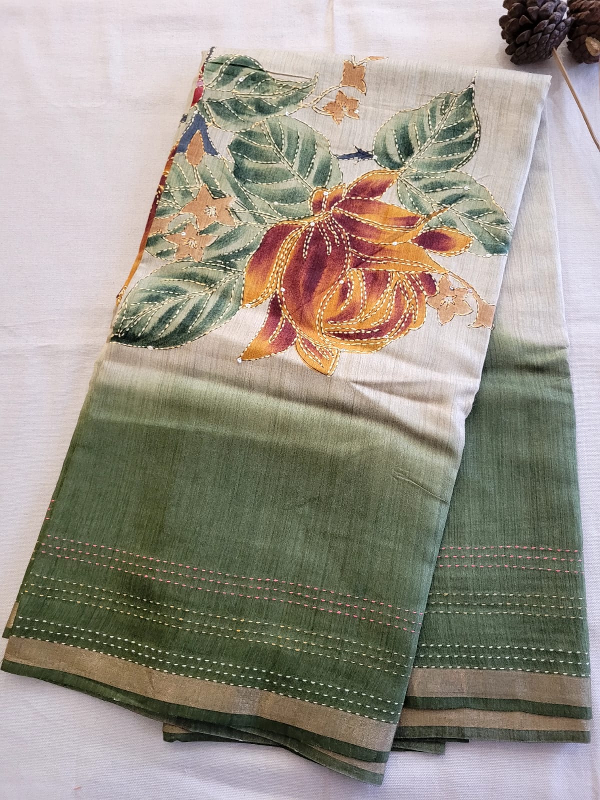 Green Pure Tussar Saree with Hand Embroidery
