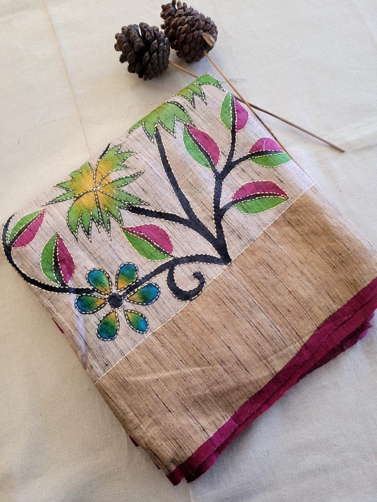 Lavender Pure Tussar with Hand Embroidery Saree