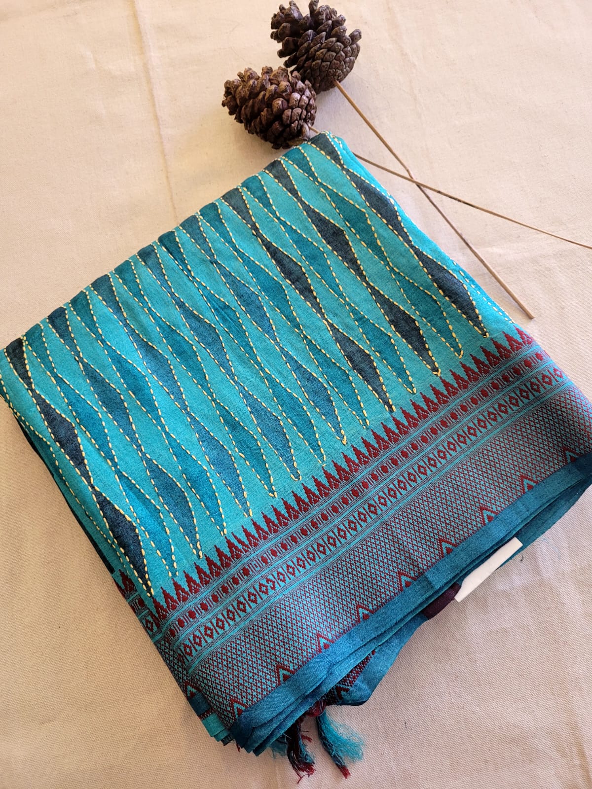 Blue Pure Tussar with Hand Embroidery Saree