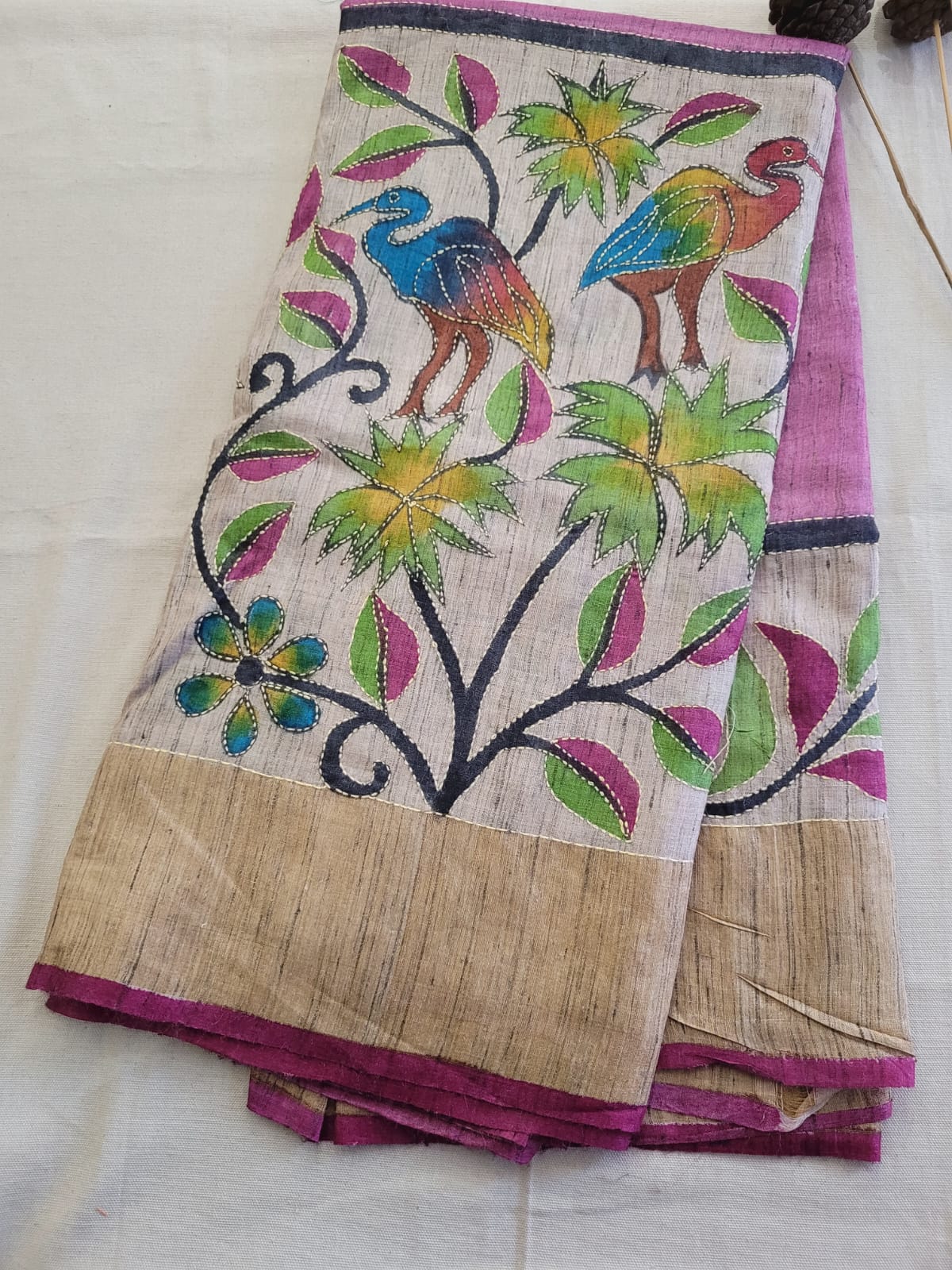 Lavender Pure Tussar with Hand Embroidery Saree