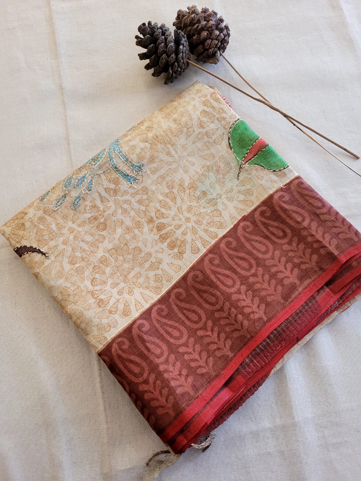 Beige Pure Tussar with Hand Embroidery