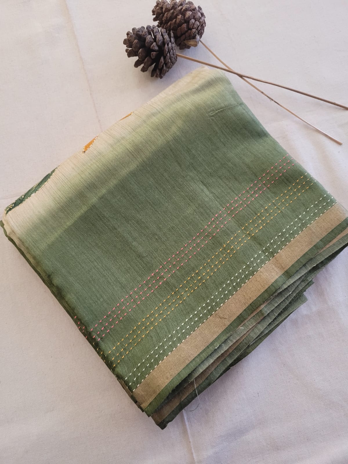 Green Pure Tussar Saree with Hand Embroidery