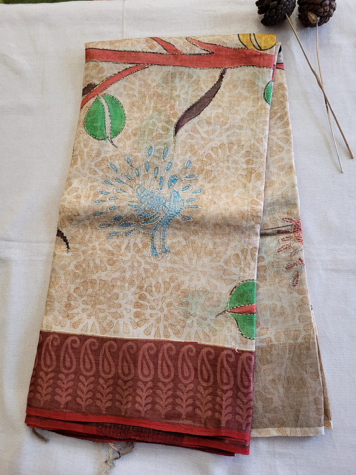 Beige Pure Tussar with Hand Embroidery