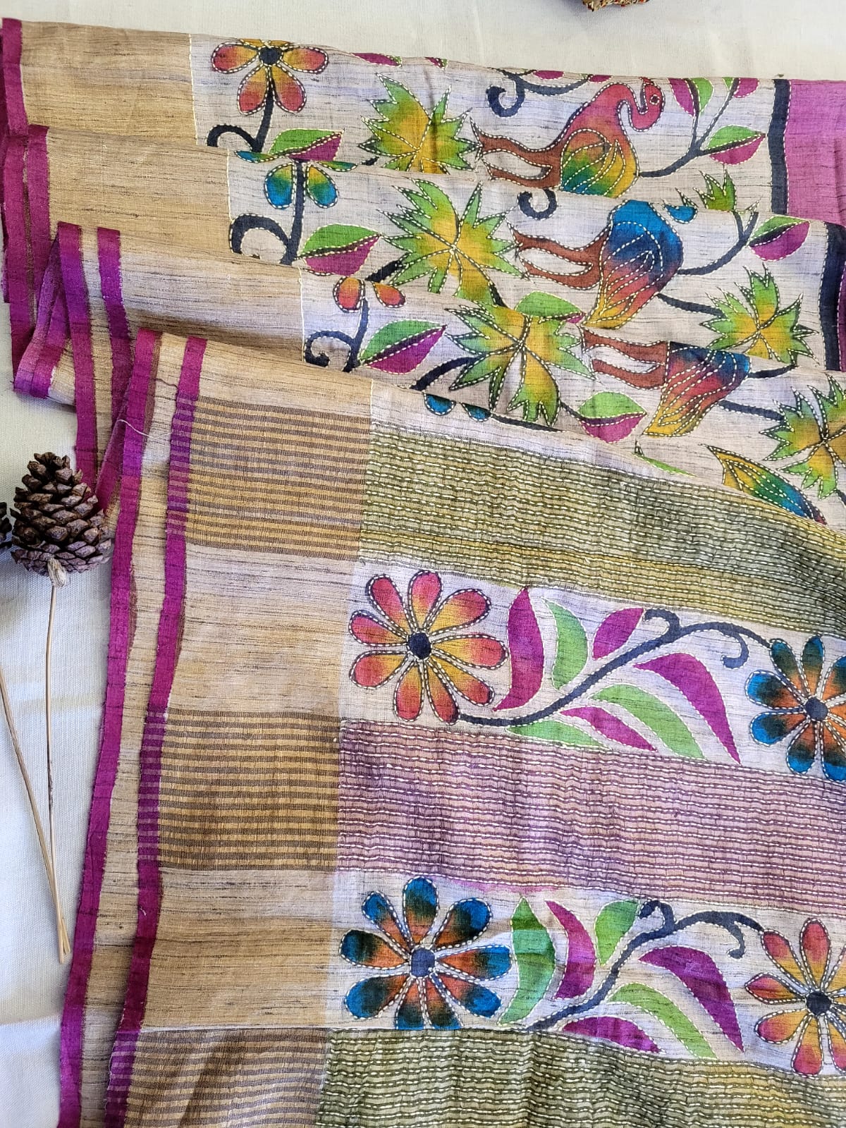 Lavender Pure Tussar with Hand Embroidery Saree