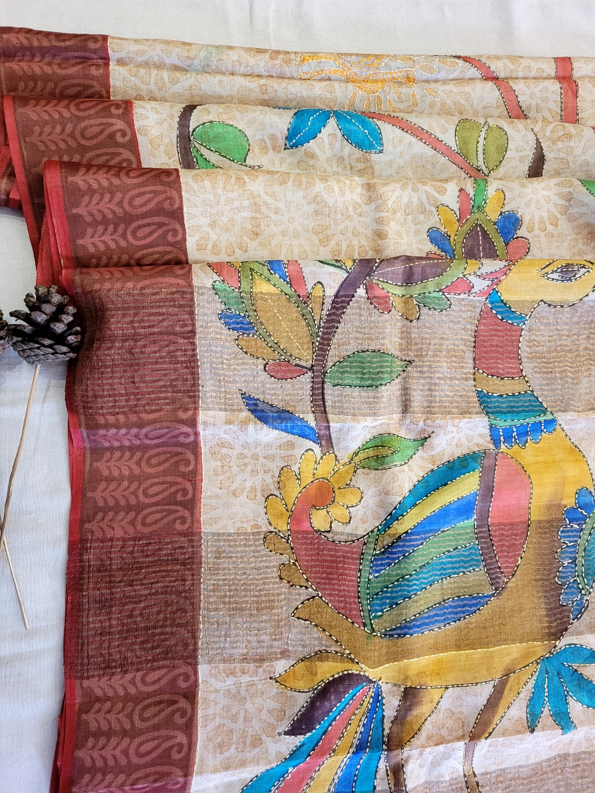Beige Pure Tussar with Hand Embroidery