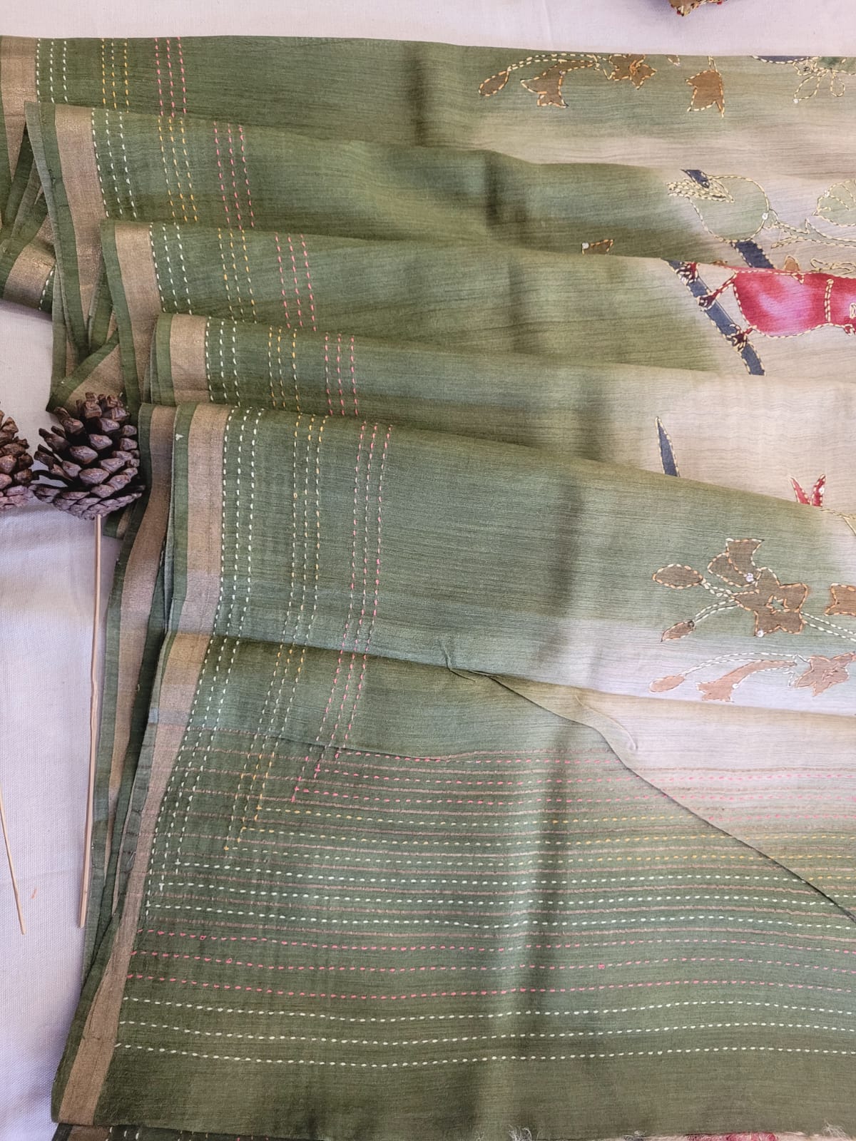 Green Pure Tussar Saree with Hand Embroidery