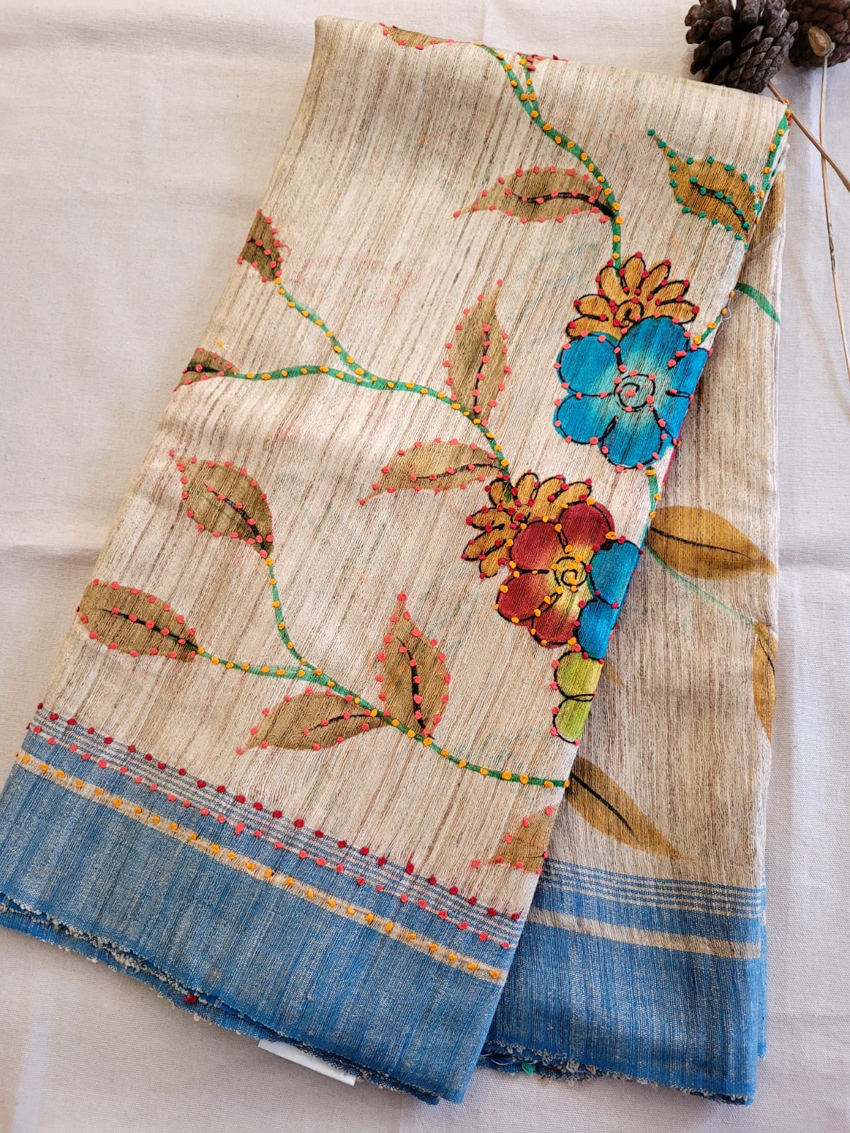 Biege2 Pure Tussar Saree with Hand Embroidery