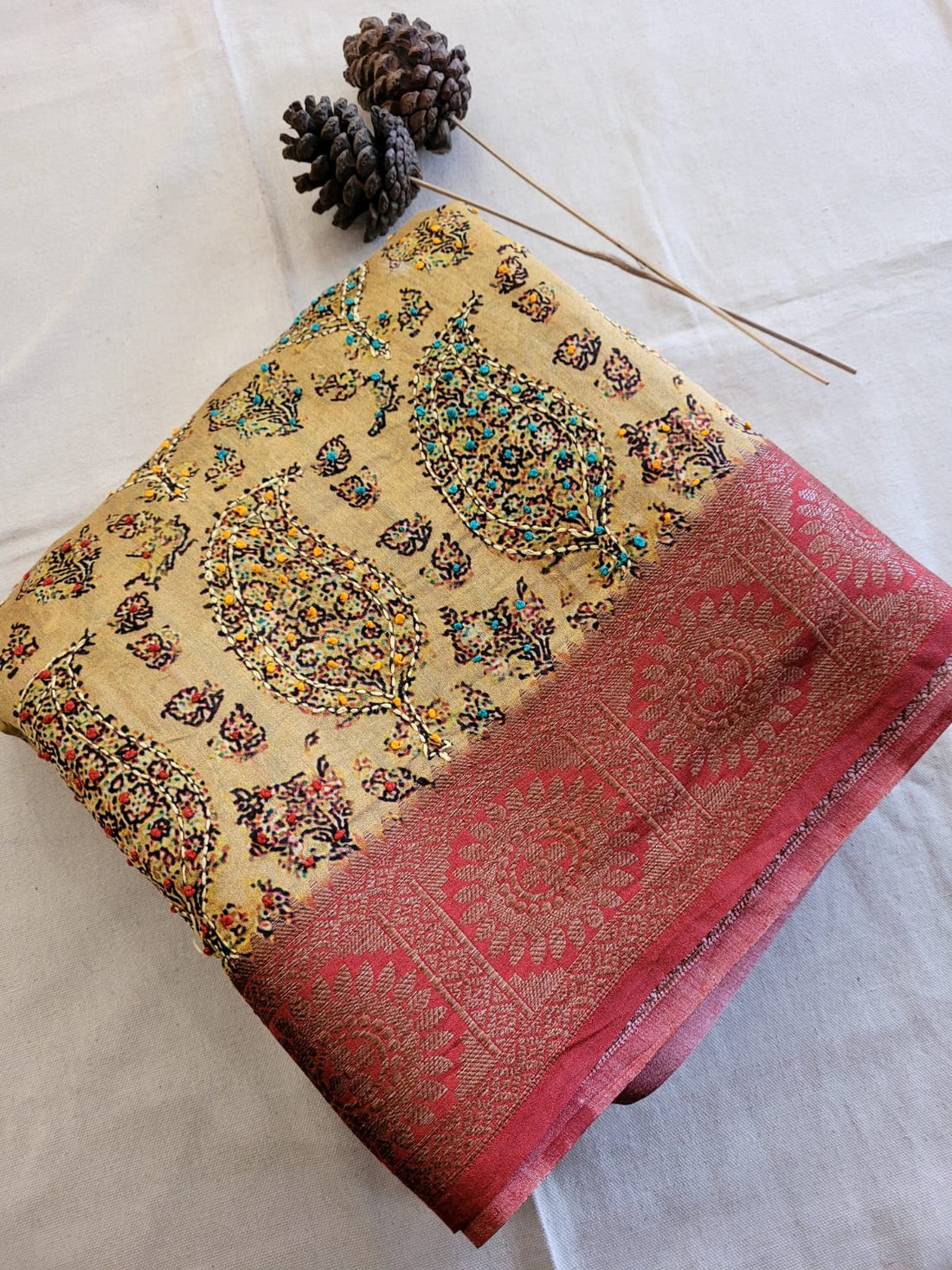 Almond Pure Tussar Saree with Hand Embriodery