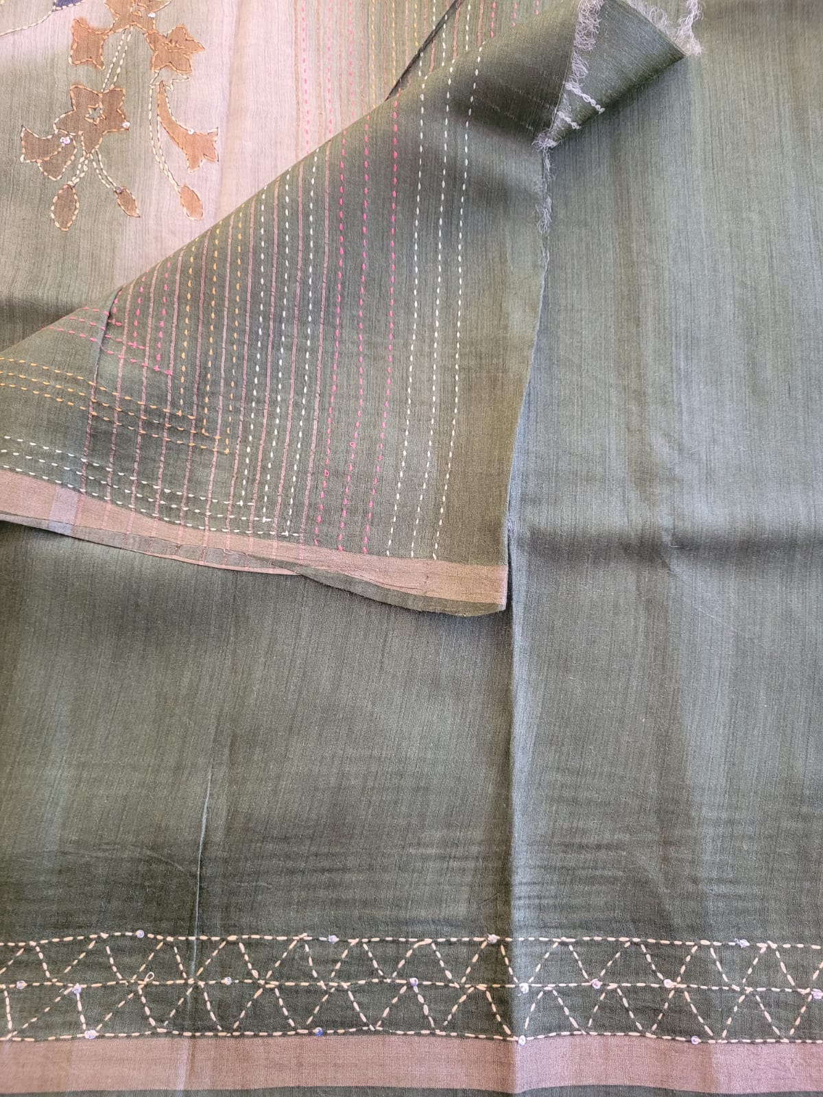 Green Pure Tussar Saree with Hand Embroidery