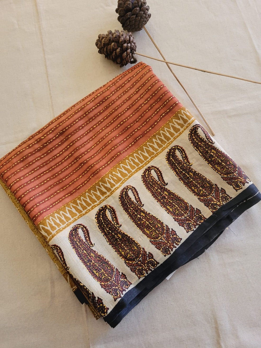 Olive Pure Tussar Saree with Hand Embroidery