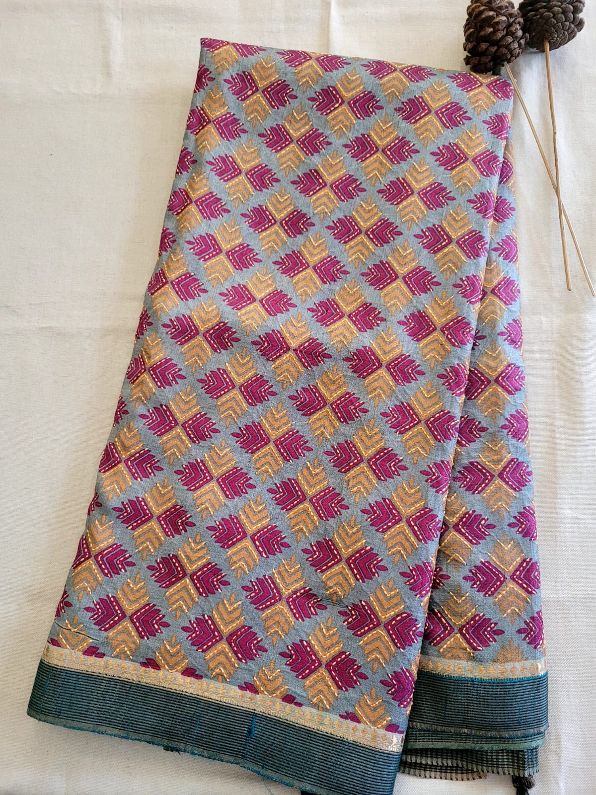 Red Pure Tussar with Hand Embroidery Saree