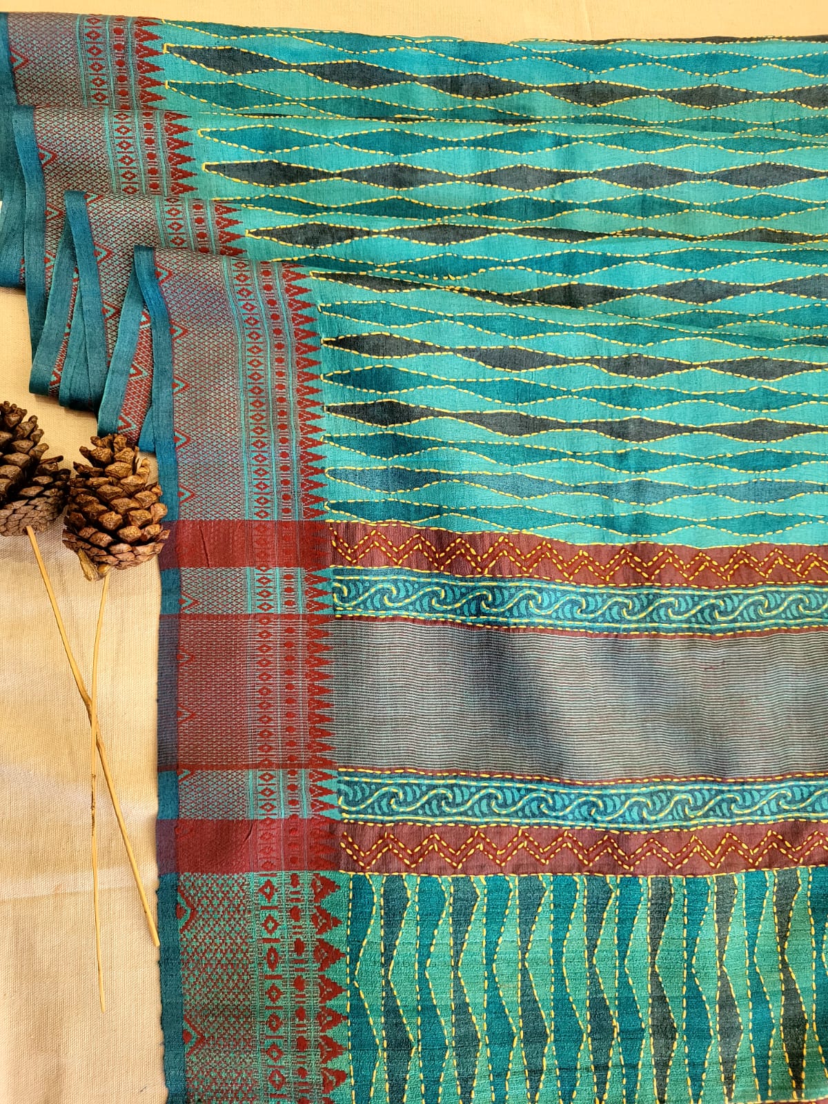 Blue Pure Tussar with Hand Embroidery Saree