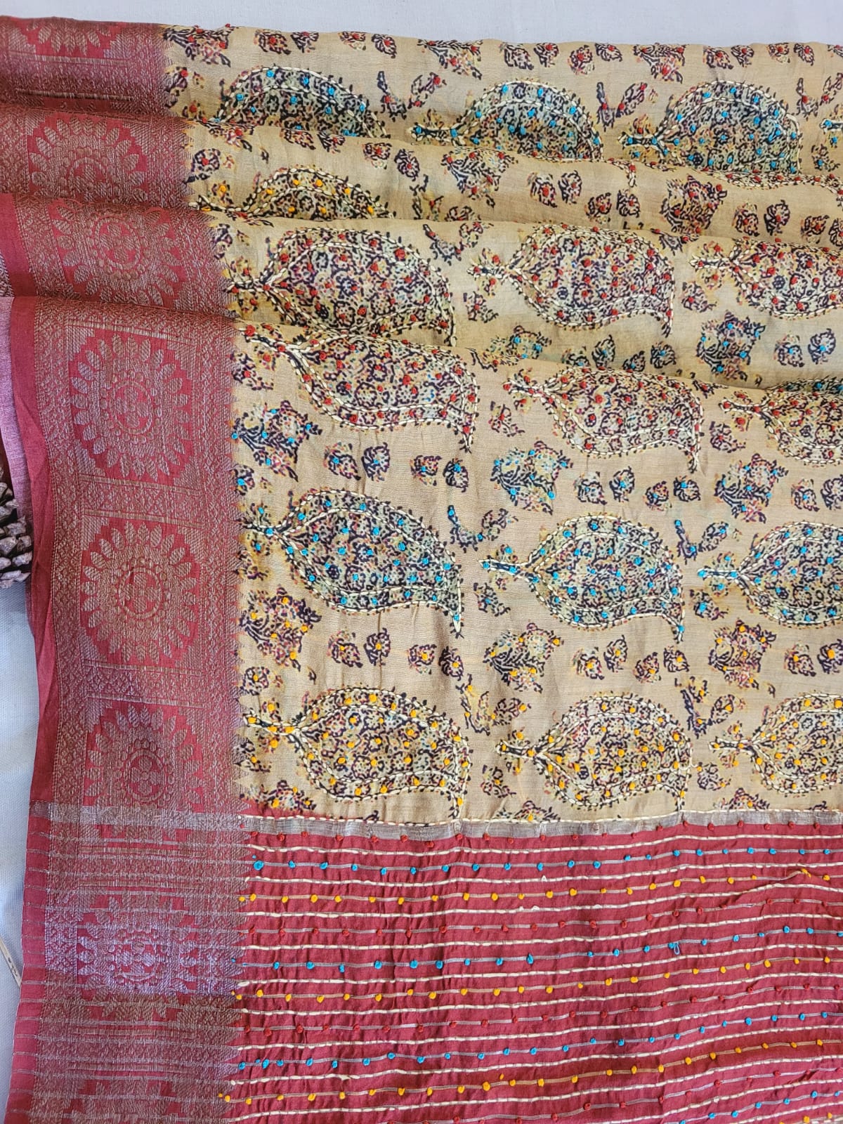 Almond Pure Tussar Saree with Hand Embriodery