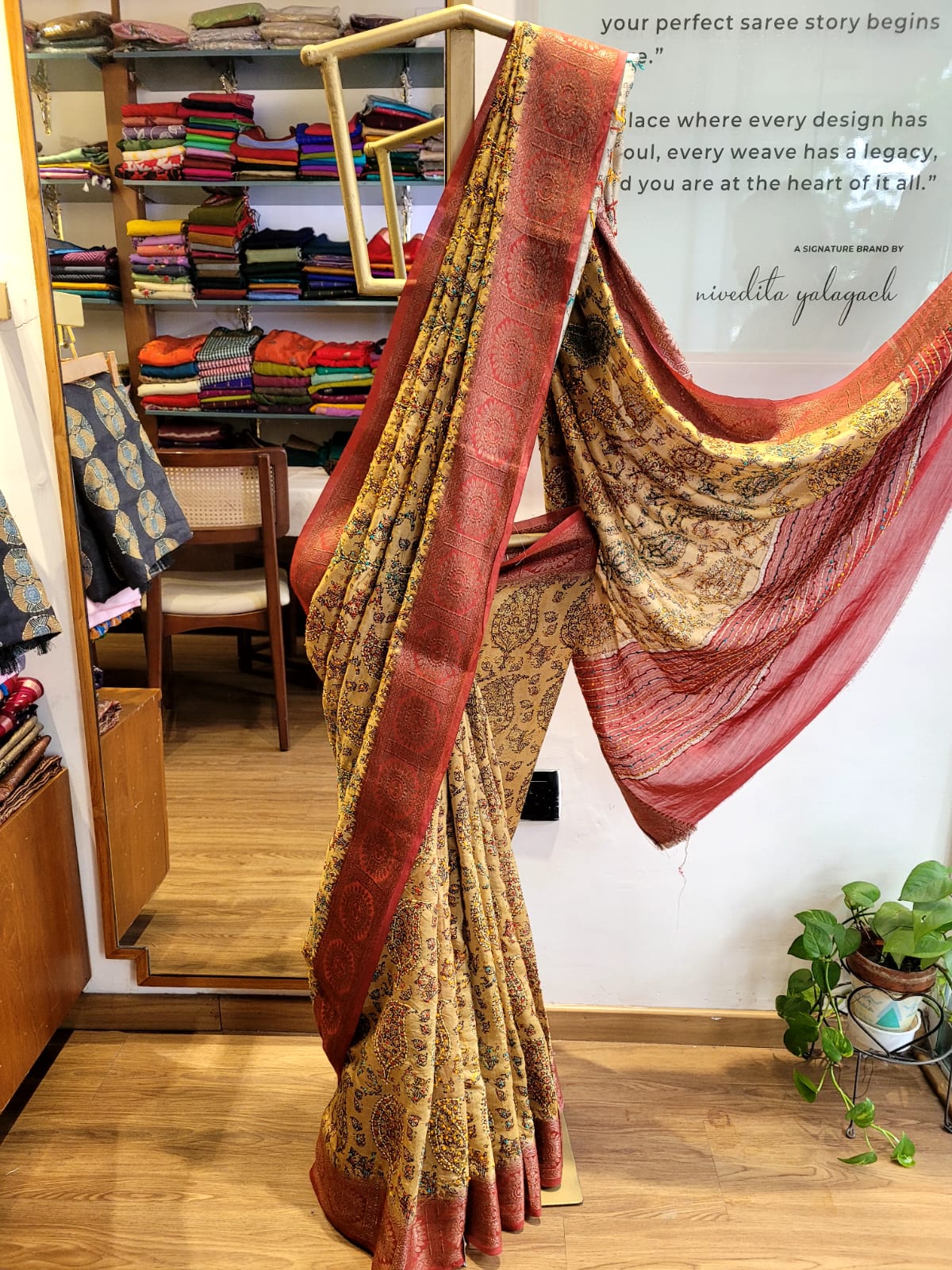 Almond Pure Tussar Saree with Hand Embriodery