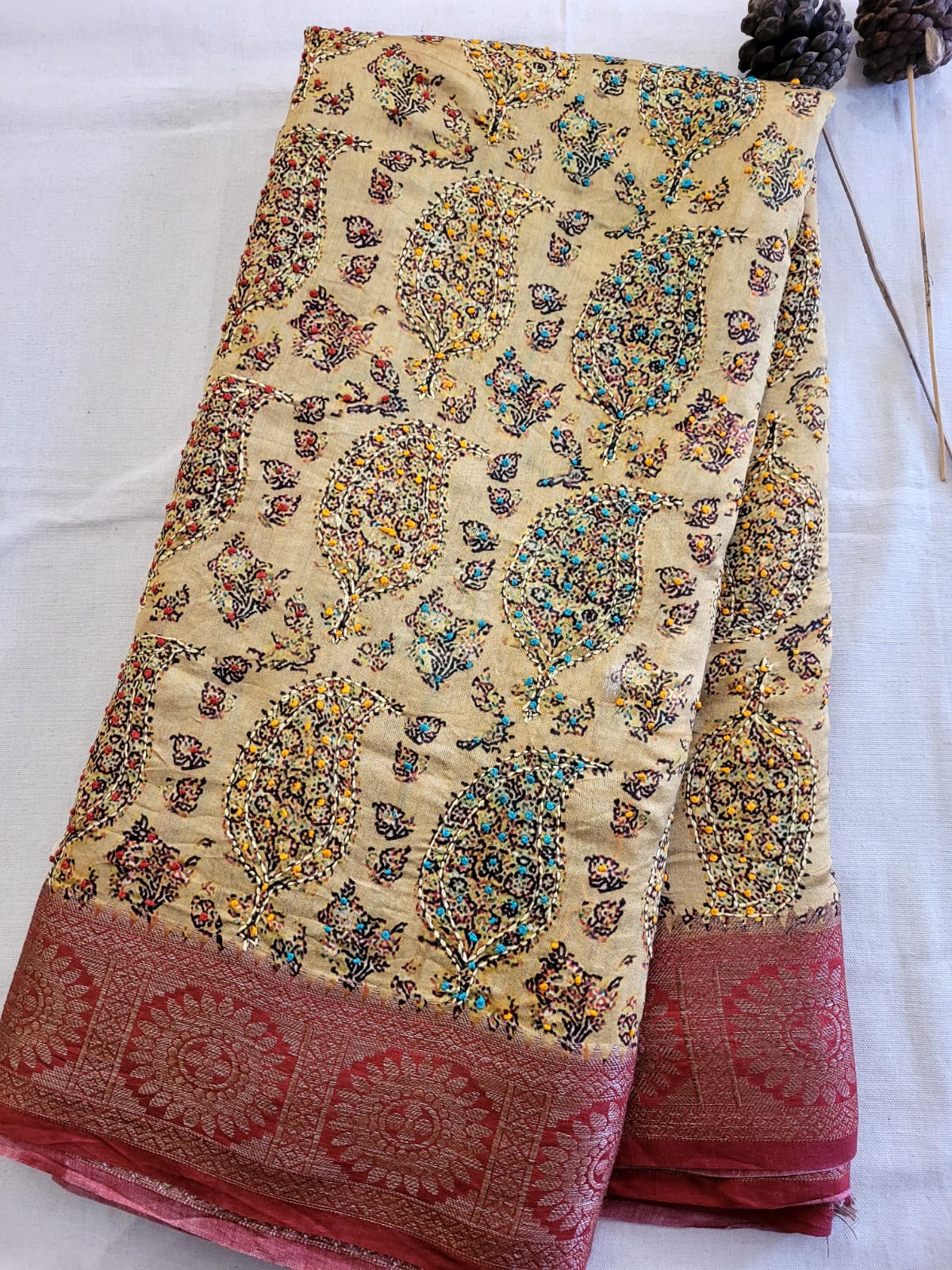 Almond Pure Tussar Saree with Hand Embriodery
