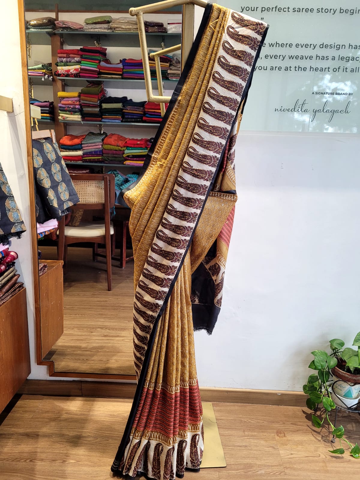 Olive Pure Tussar Saree with Hand Embroidery