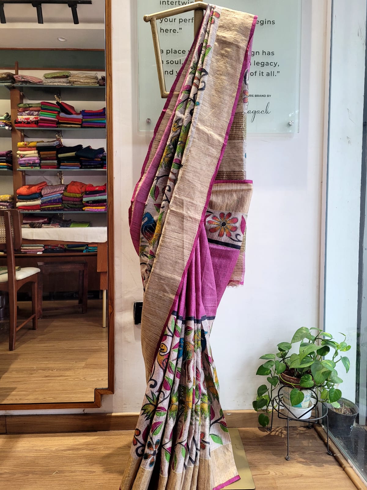 Lavender Pure Tussar with Hand Embroidery Saree