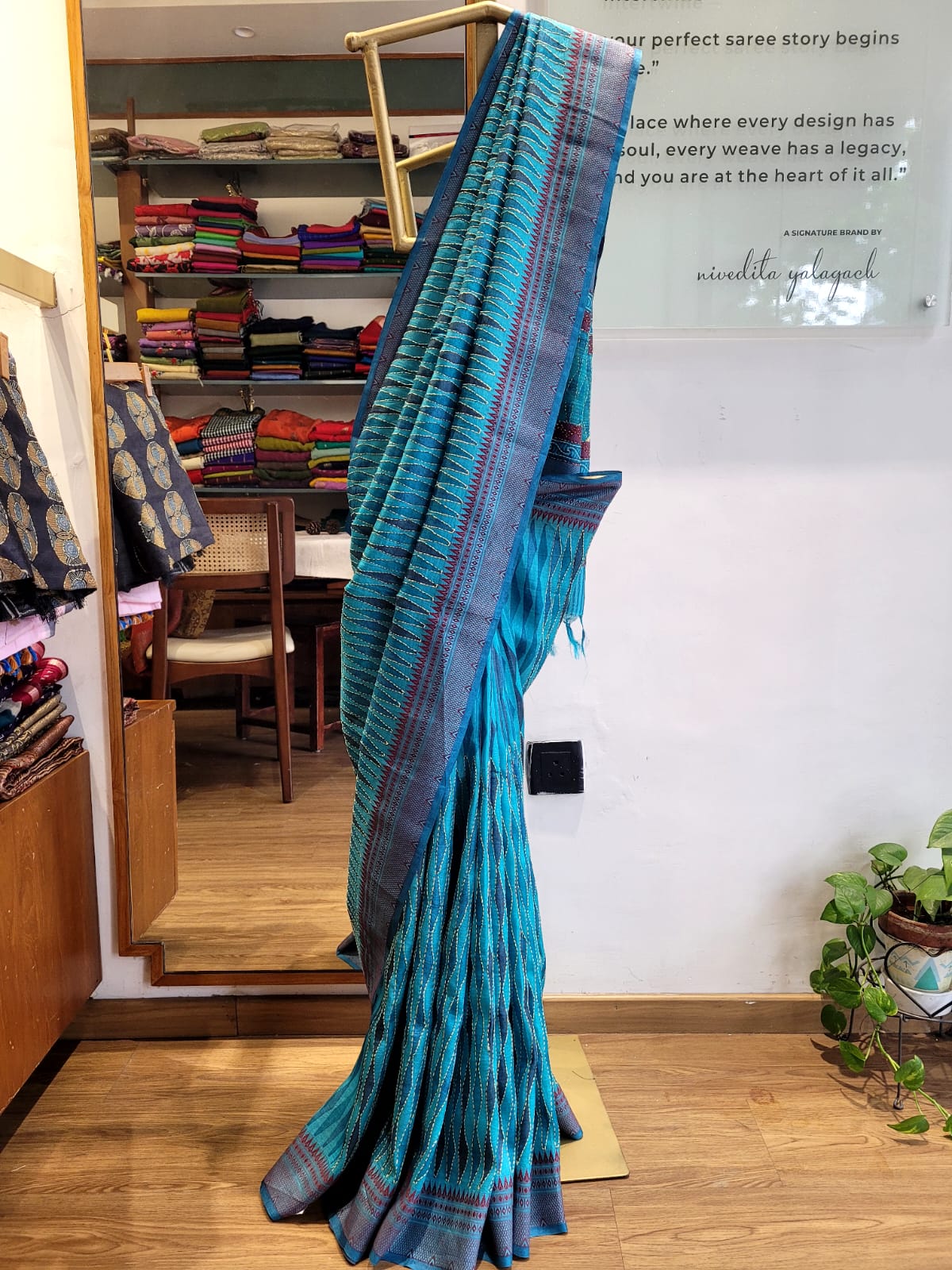 Blue Pure Tussar with Hand Embroidery Saree