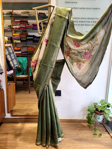 Green Pure Tussar Saree with Hand Embroidery