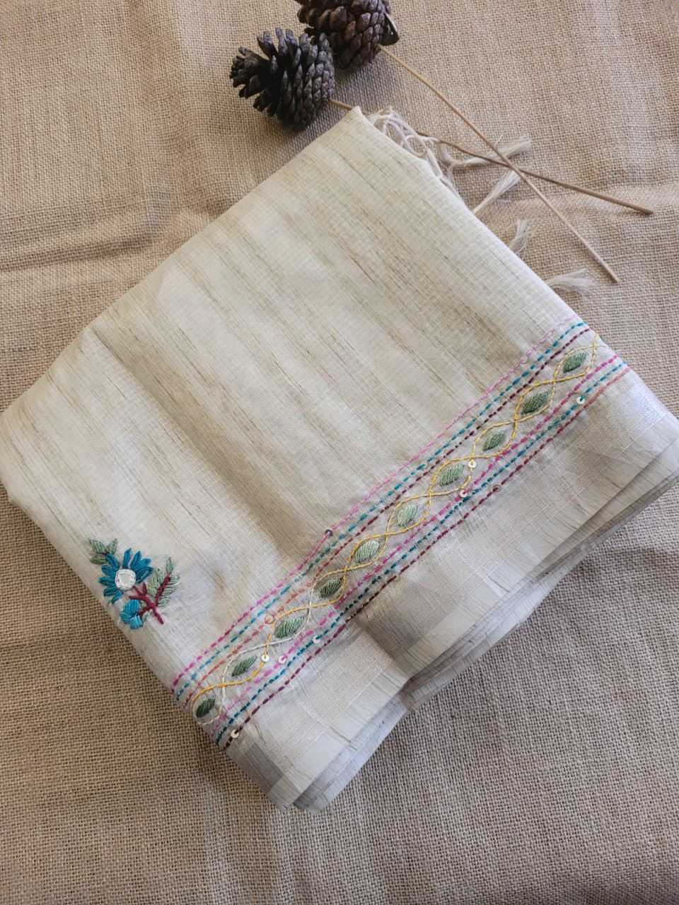 Sneha2 Hand Embriodered Tussar Saree