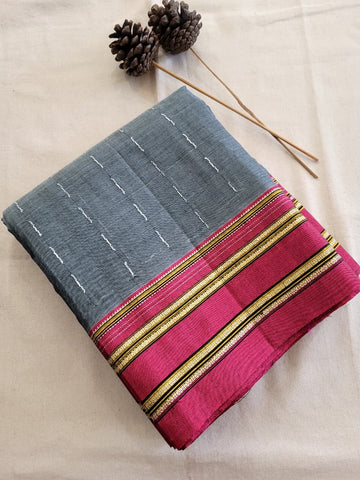Grey Ilkal Cotton Saree Silk Pallu