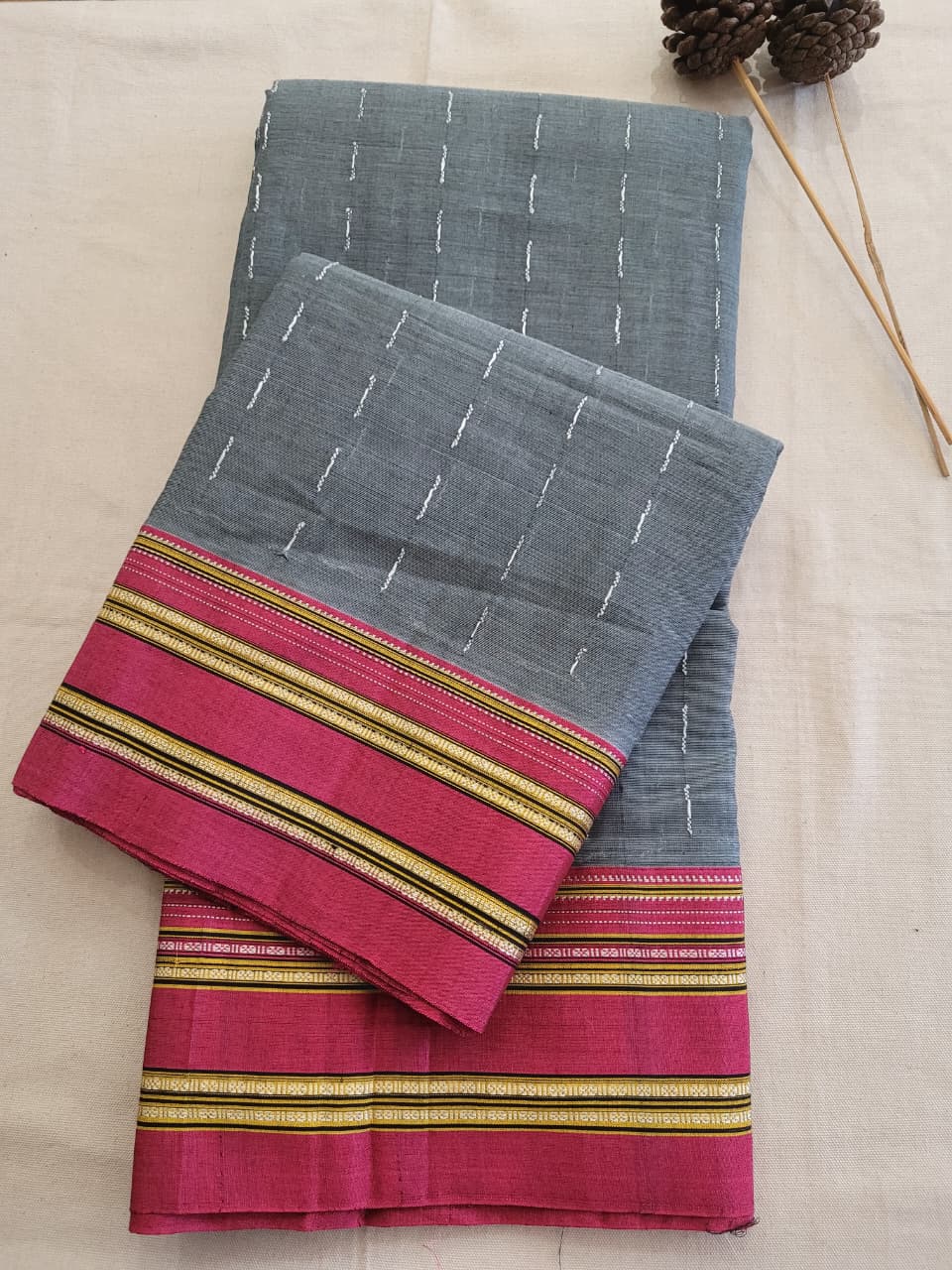 Grey Ilkal Cotton Saree Silk Pallu