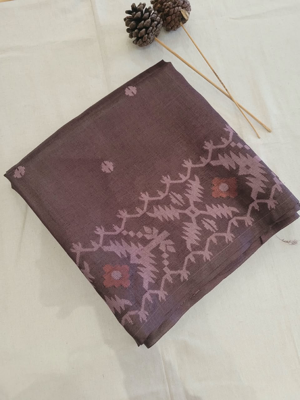 Coffee Pure Tussar Jamdani Saree