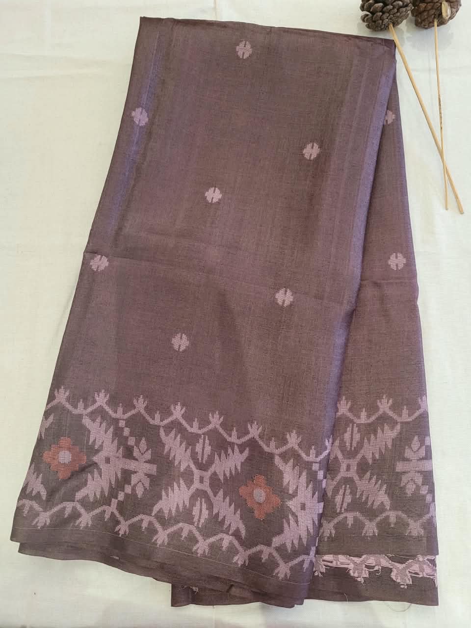 Coffee Pure Tussar Jamdani Saree