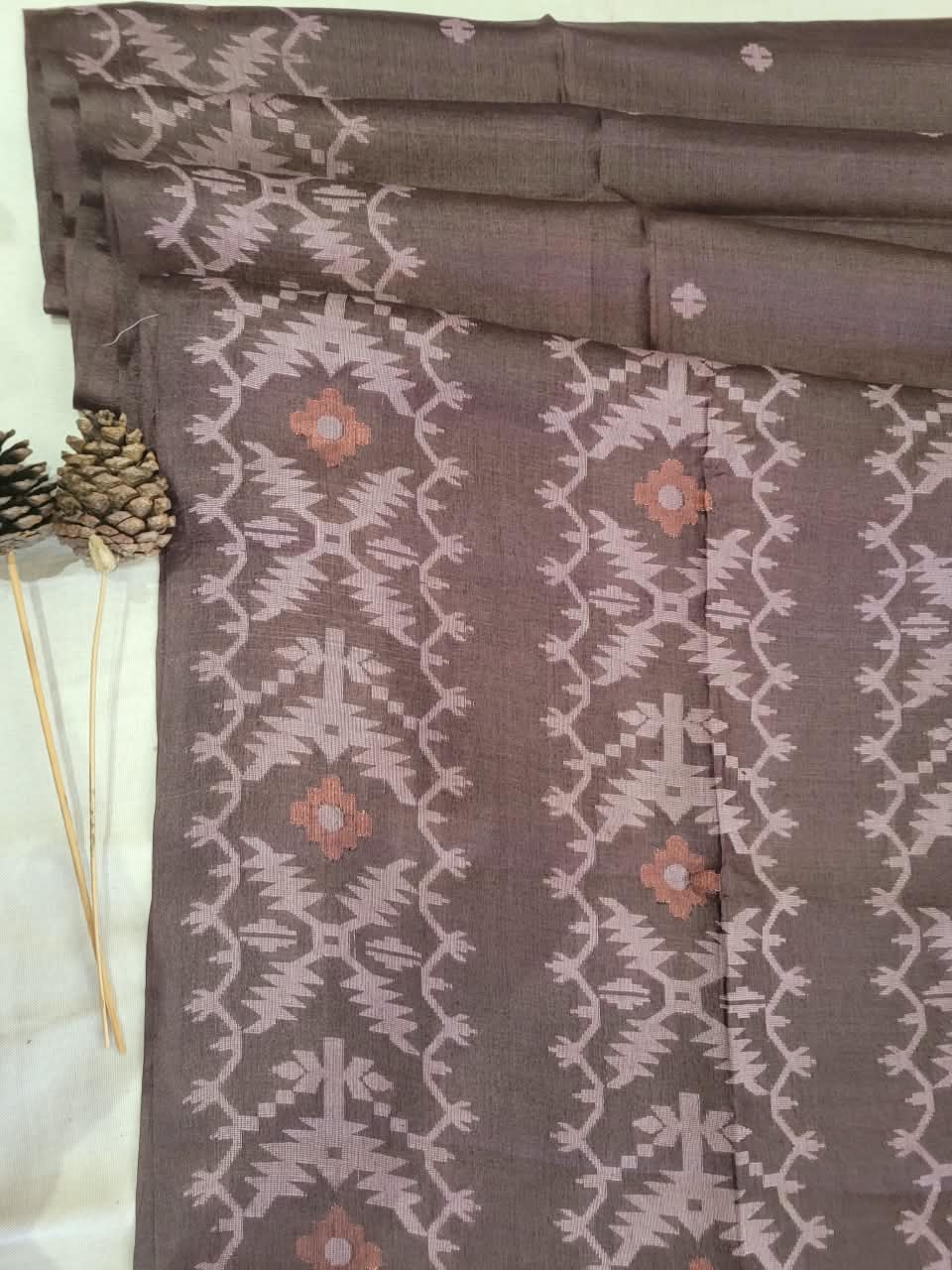 Coffee Pure Tussar Jamdani Saree