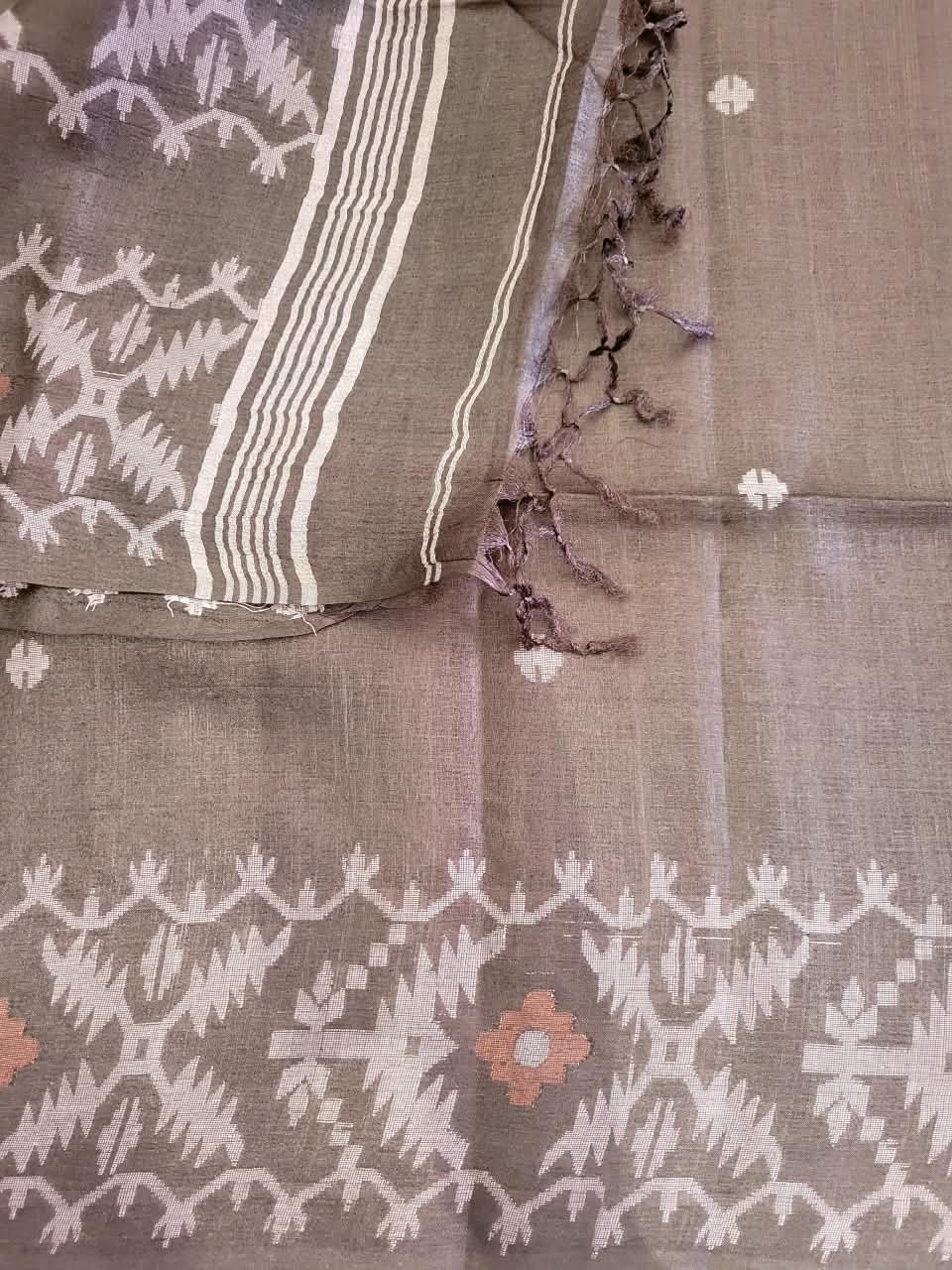 Coffee Pure Tussar Jamdani Saree