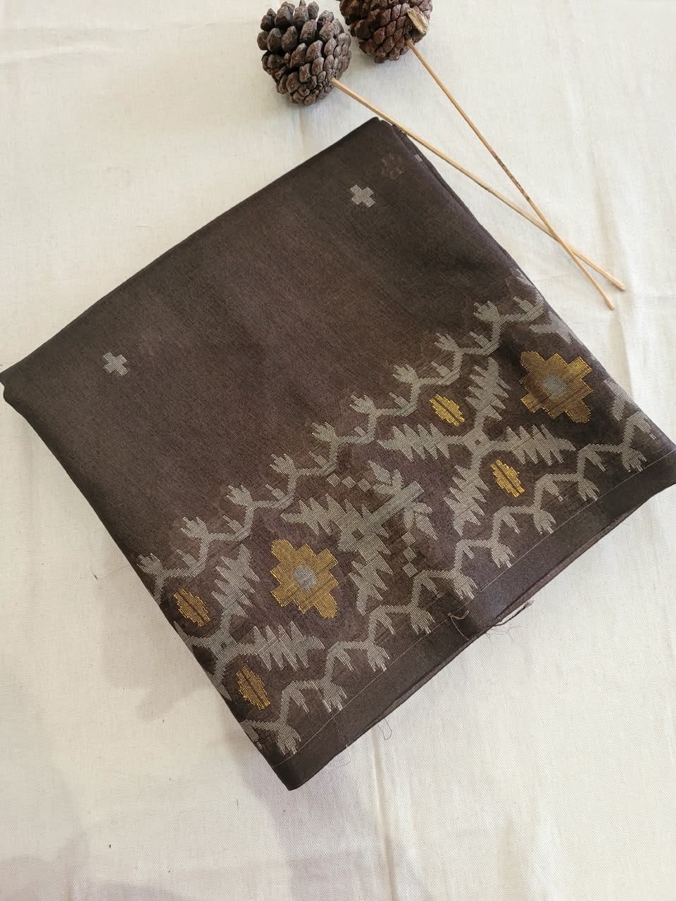Brown Pure Tussar Jamdani Saree