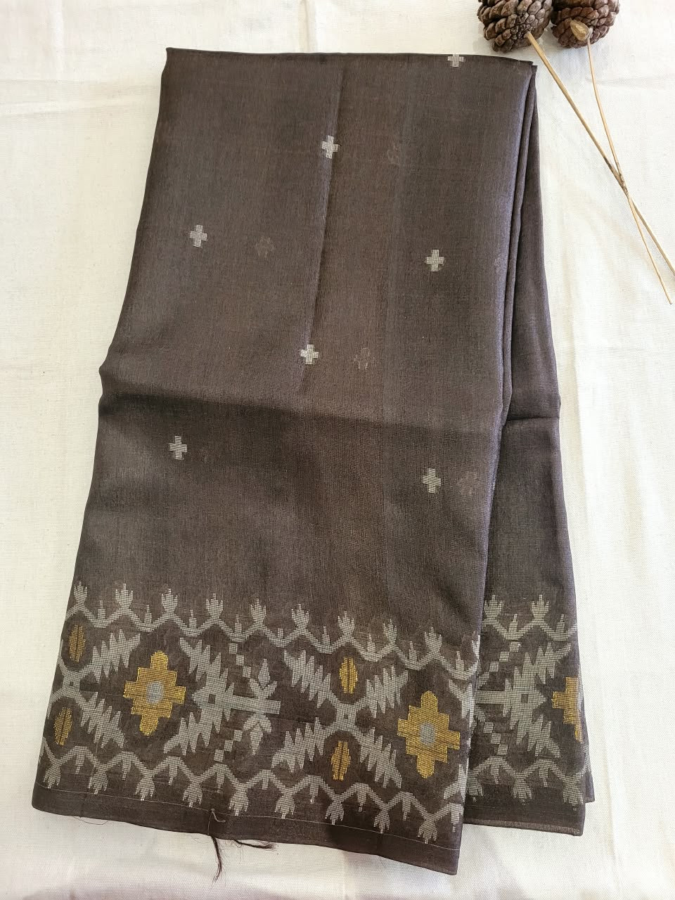 Brown Pure Tussar Jamdani Saree