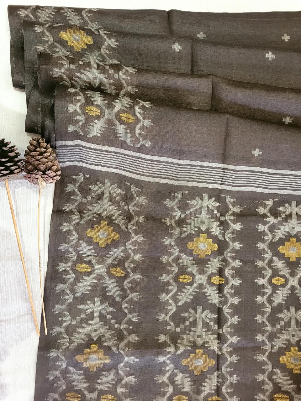 Brown Pure Tussar Jamdani Saree