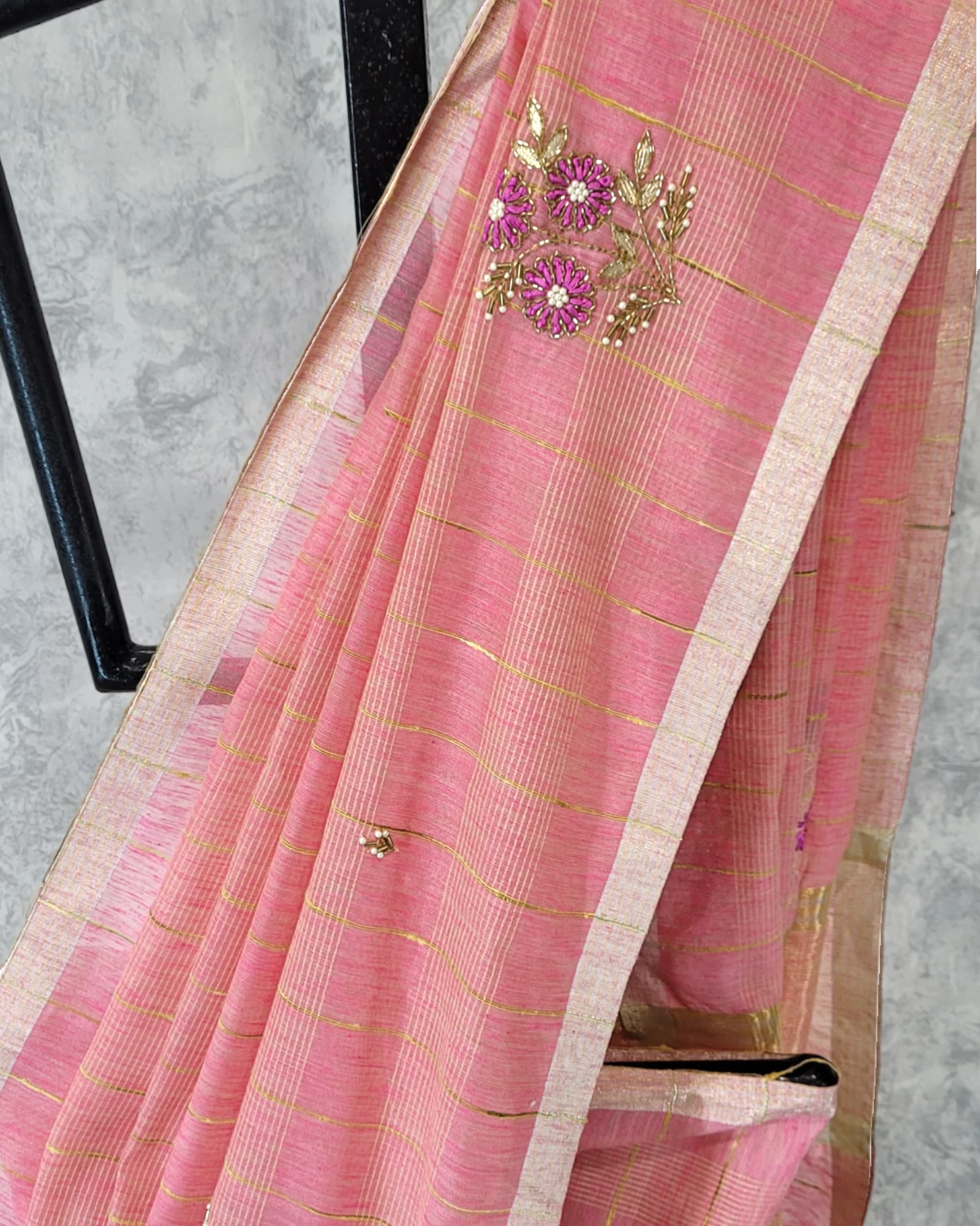 Pink Chandani linen saree
