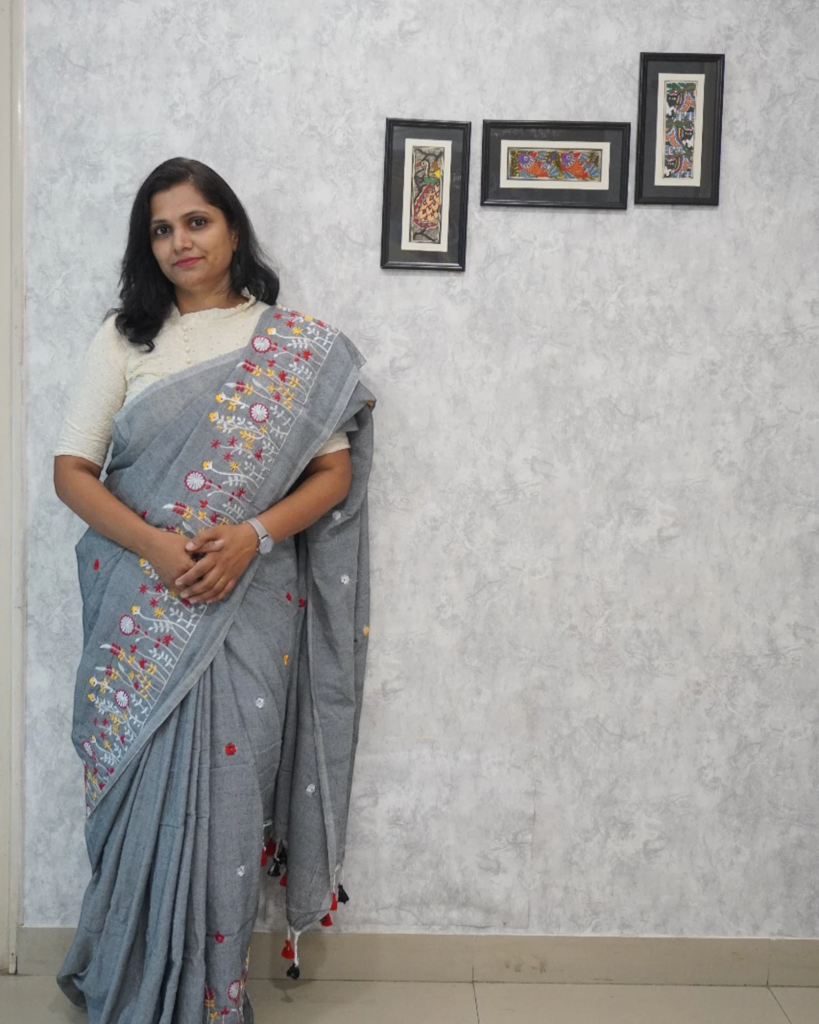 Grey Phool Cotton Saree