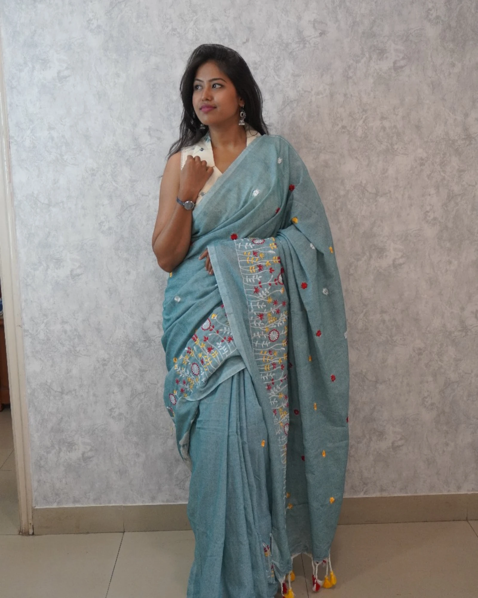 Blue Phool Cotton Saree