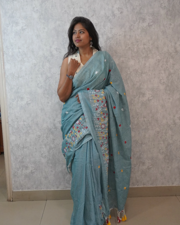Blue Phool Cotton Saree