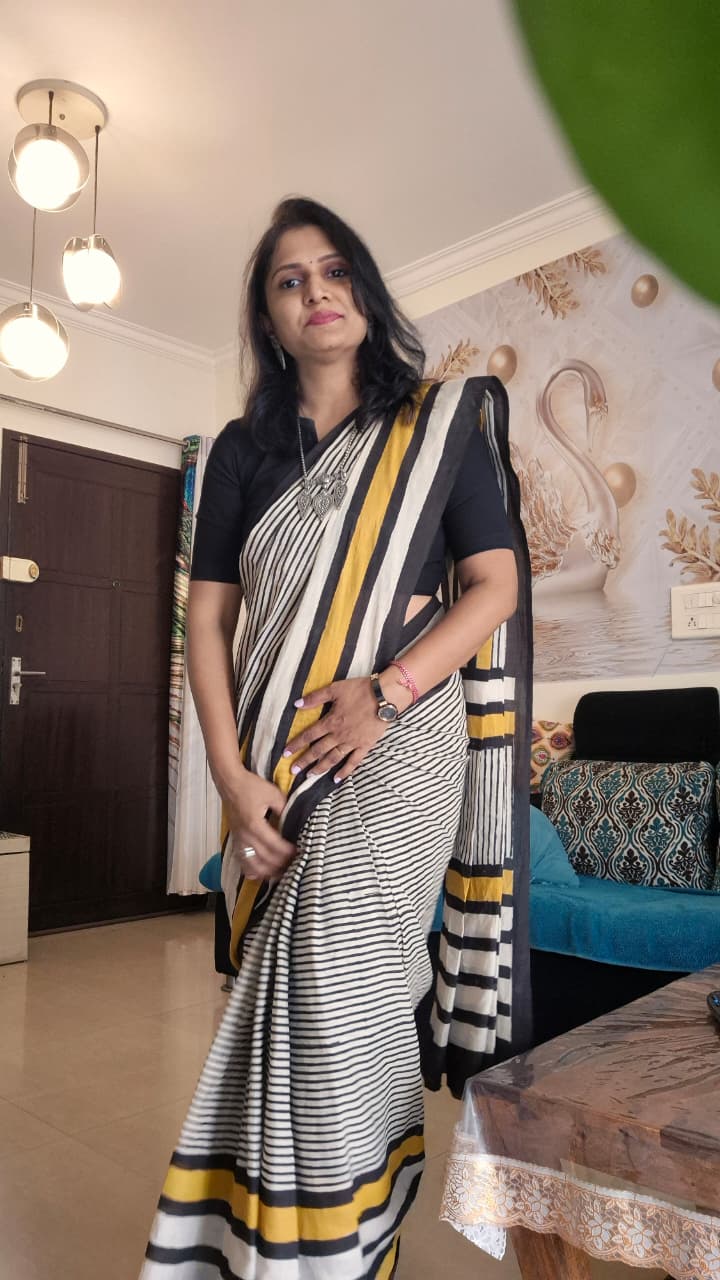 Stripes Handblock Cotton Saree