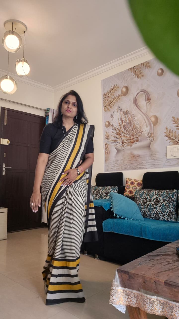 Stripes Handblock Cotton Saree