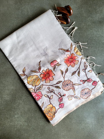 White Semi Tussar Applique Saree ST001