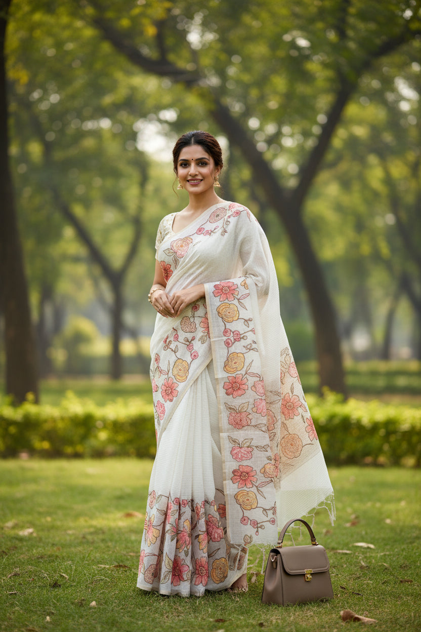 White Semi Tussar Applique Saree ST001