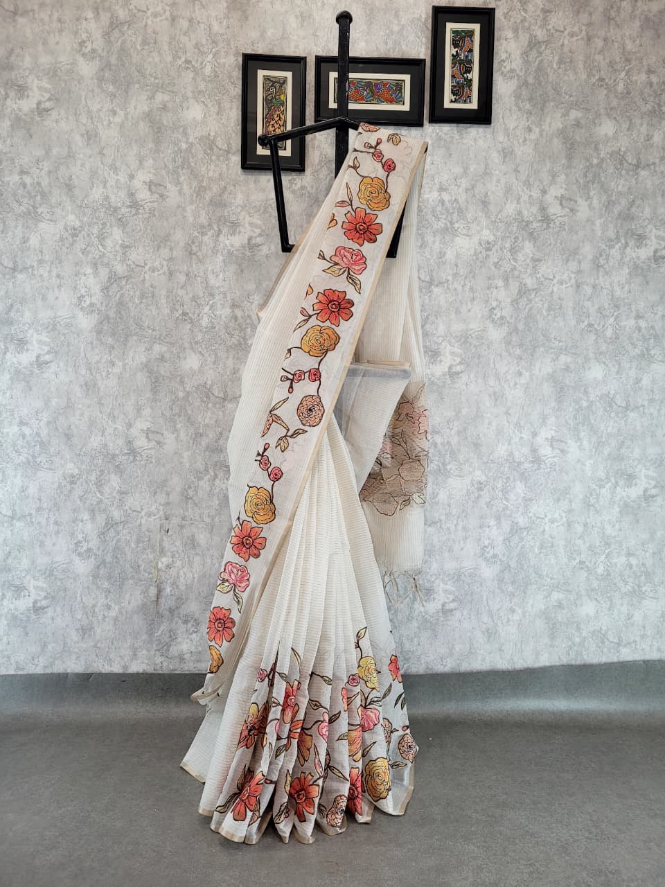 White Semi Tussar Applique Saree ST001