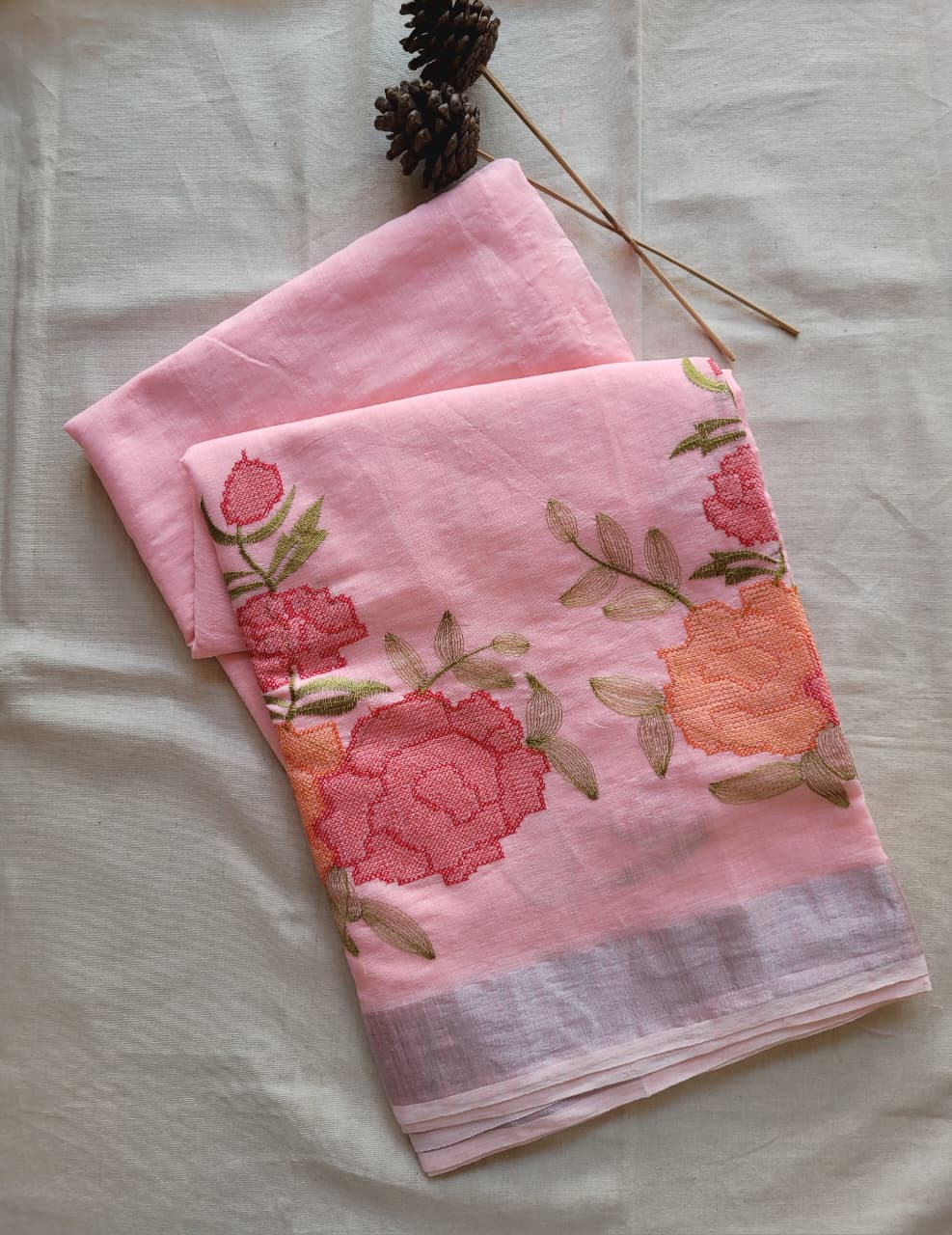 Baby Pink Triveni Mul Saree