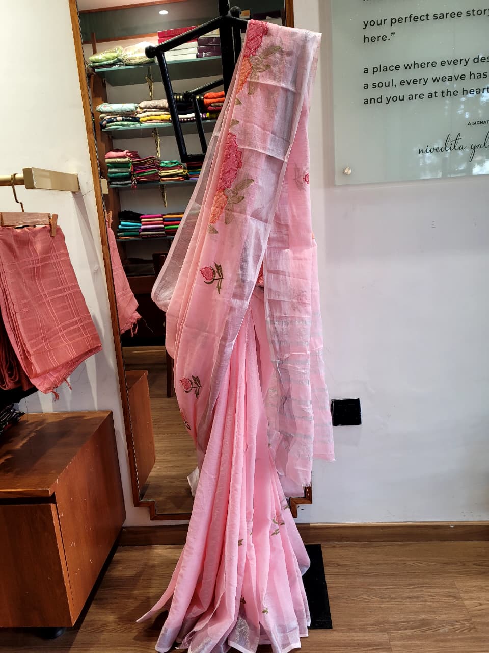 Baby Pink Triveni Mul Saree