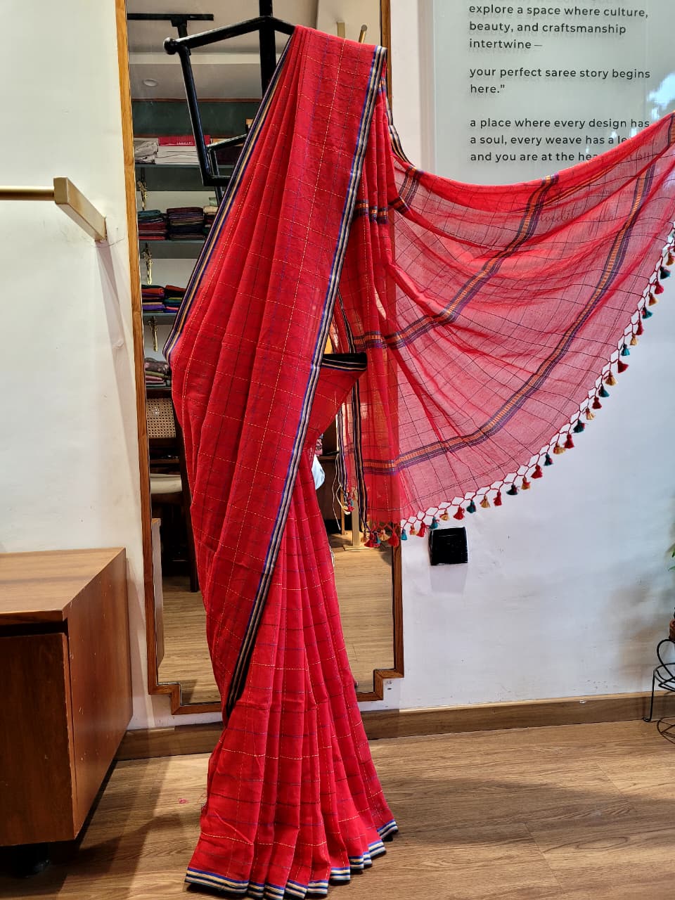 Red Cotton Kantha  saree