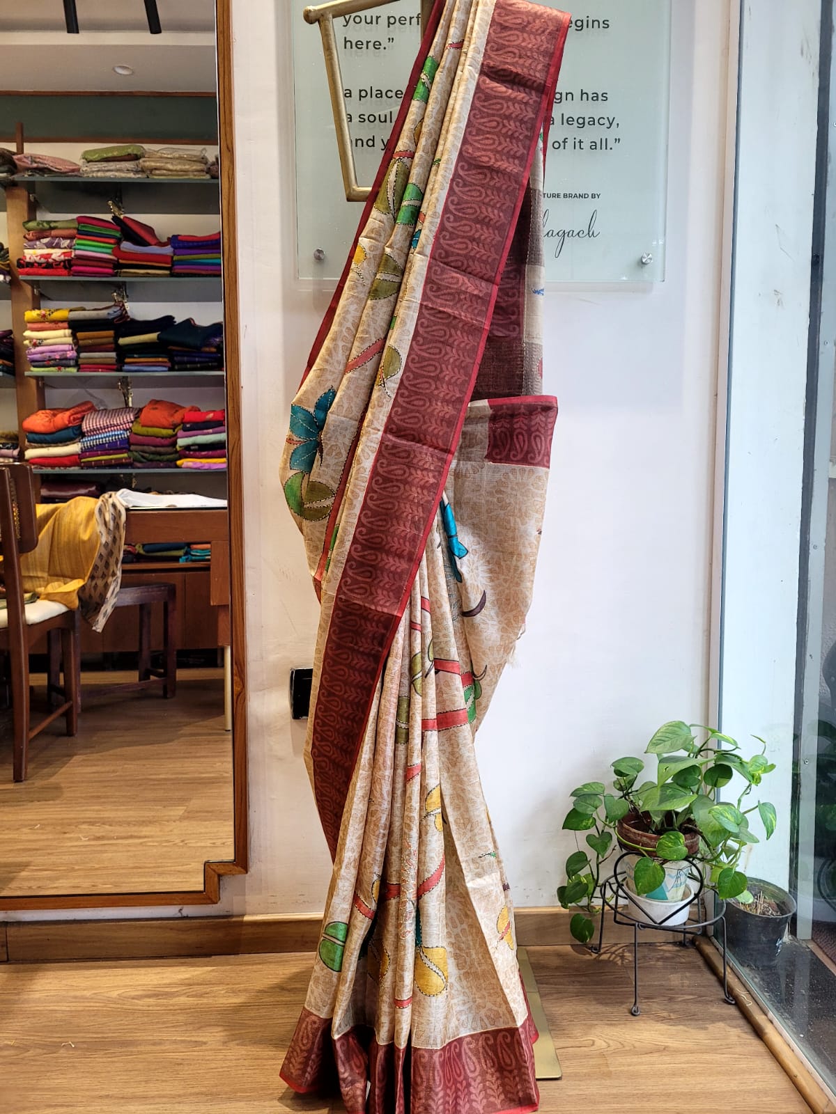 Beige Pure Tussar with Hand Embroidery